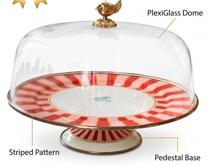 Enamel Cake Stand with Plexi Dome and Gold Bird Finial, 30 cm Vintage Style Dessert Display, Kitchen Decor, Party Centerpiece