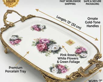 Vintage floral porcelain serving tray with ornate brass handles, pink roses and white flowers, footed rectangular table decor or gift