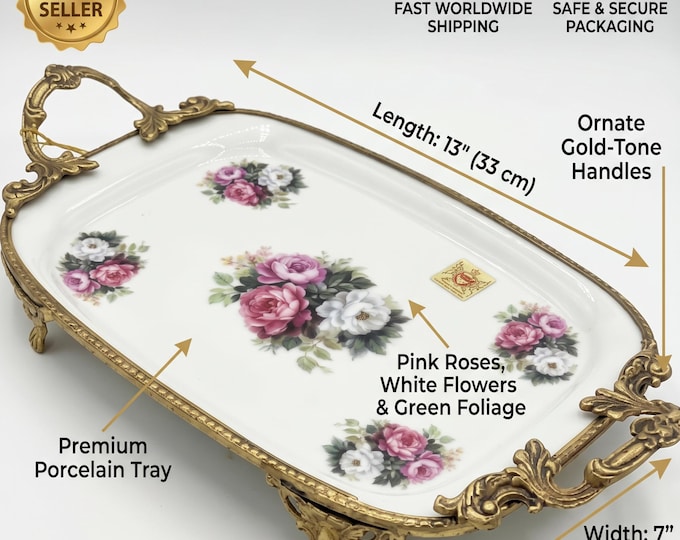 Vintage floral porcelain serving tray with ornate brass handles, pink roses and white flowers, footed rectangular table decor or gift