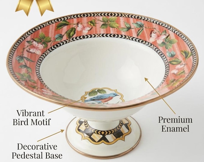Pedestal Bowl with Bluebird and Butterfly Motif, Multicolored Enamel Floral Centerpiece, Gold Trim, Vintage Ceramic Fruit Display, 30x16 cm