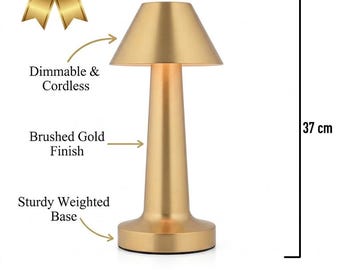 Gold Cordless Table Lamp, Rechargeable Metal Light, Minimalist Desk Lamp (14 x 37 cm)