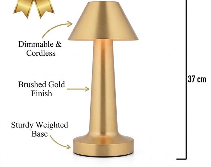 Gold Cordless Table Lamp, Rechargeable Metal Light, Minimalist Desk Lamp (14 x 37 cm)