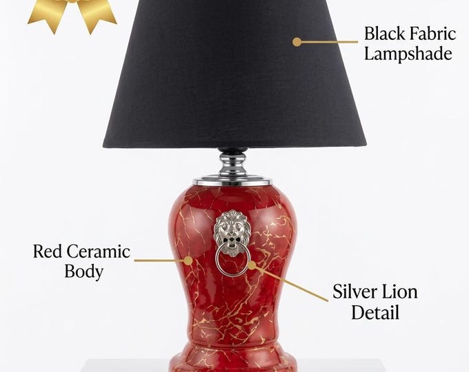 Red Marbled Ceramic Table Lamp, Silver Lion-Head Detail, Black Shade, Hollywood Regency Decor