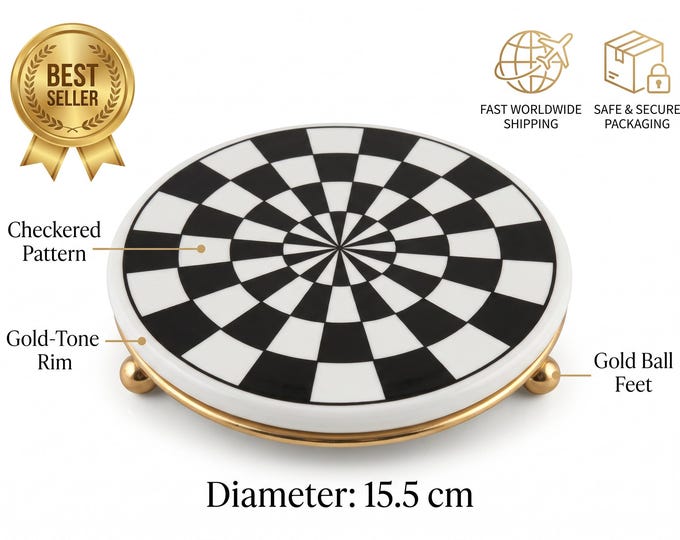 Ceramic trivet, black and white check pattern, round hot pad with gold feet, heat resistant kitchen protector, modern table decor, 15.5 cm