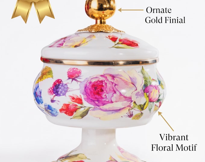 Covered Candy Dish with Gold Rose Knob, White Enamel Floral Pedestal Jar, Vintage Decorative Food Container, Elegant Kitchen Decor