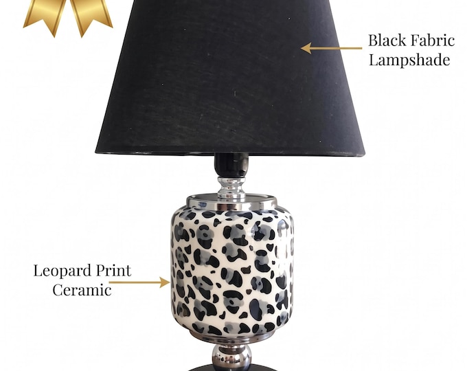 Leopard Print Ceramic Table Lamp, Black Shade, Modern Nightstand Lighting