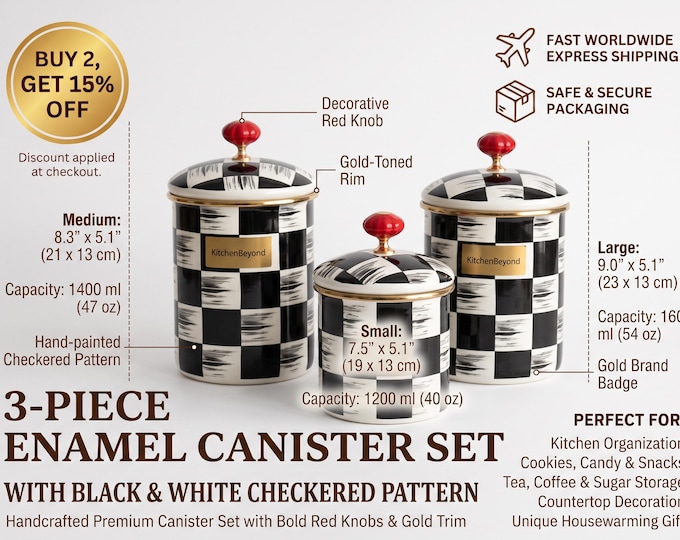 Black & White Checkered Enamel Canisters, Red Knobs, 3-Piece Kitchen Storage Set