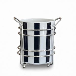 Black White Striped Ceramic Utensil Holder with Metal Wire Stand