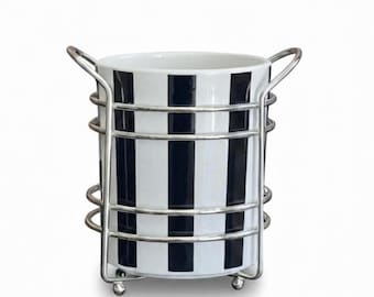 Black White Striped Ceramic Utensil Holder with Metal Wire Stand | Modern Kitchen Storage Organizer | Minimalist Tabletop Decor for Home