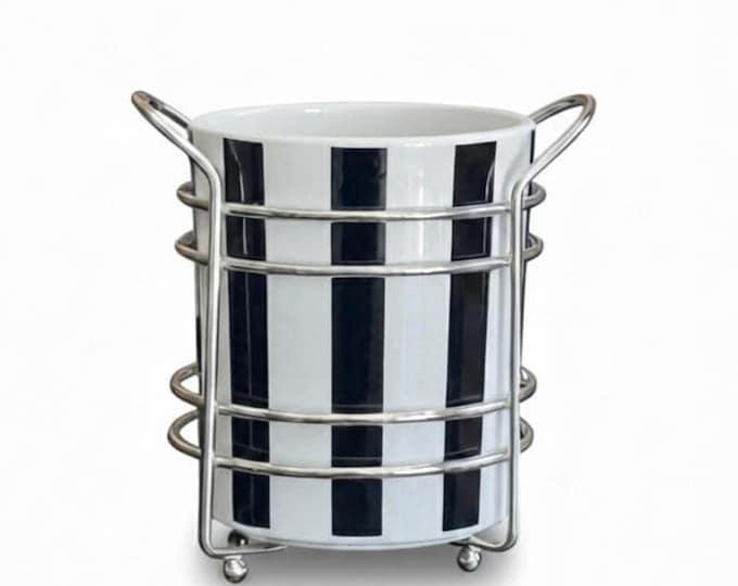 Black White Striped Ceramic Utensil Holder with Metal Wire Stand | Modern Kitchen Storage Organizer | Minimalist Tabletop Decor for Home