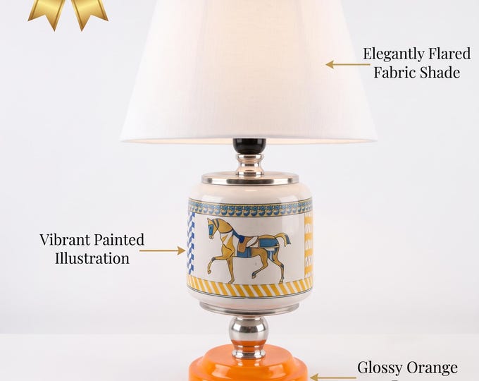 Ceramic Horse Table Lamp, Geometric Equestrian Design, Orange Base, Modern Rustic Lighting