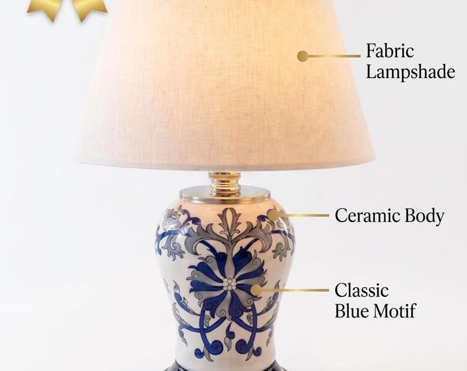 Blue and White Floral Damask Ceramic Table Lamp, Fabric Shade, 48x30cm