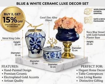Blue White Ceramic Jar Set with Gold Accents, Chinoiserie Decor, Floral Vases, Elegant Home Centerpieces, Coastal and Living Room Decor