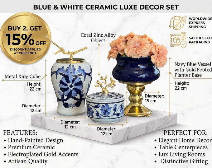 Blue White Ceramic Jar Set with Gold Accents, Chinoiserie Decor, Floral Vases, Elegant Home Centerpieces, Coastal and Living Room Decor
