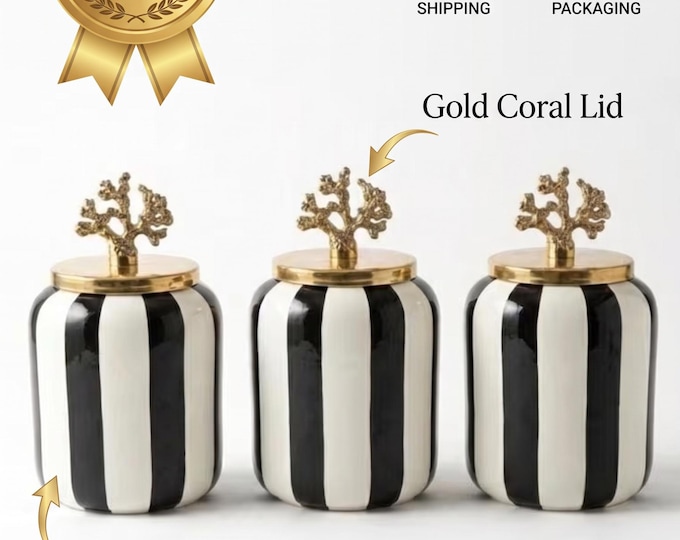Black and White Striped Ceramic Canister Set | Gold Coral Lids, Modern Kitchen Storage