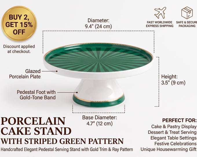 Green Cake Stand, 24cm Porcelain Sunburst Pedestal with Gold Trim, Emerald Green Serving Plate, Modern Footed Cake Pedestal, Dessert Stand