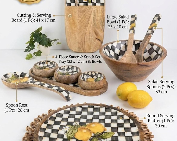 10-Piece Mango Wood Checkered Lemon Serveware Set, Rustic Modern Kitchen Display