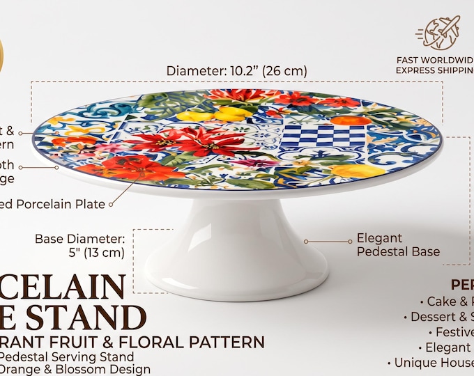 Porcelain Cake Stand 26cm Round Mediterranean Lemon Floral Tile Design | Floral & Tile Art Pattern | Summer Table Centerpiece