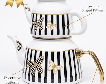 Enamel Turkish Tea Maker, Black-White Stripes, Butterfly Motifs, 1.4L Double Pot