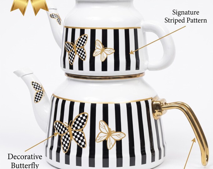 Enamel Turkish Tea Maker, Black-White Stripes, Butterfly Motifs, 1.4L Double Pot