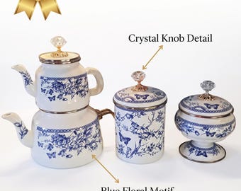 Blue Toile Tea Set | Turkish Enamel-On-Steel Teapot with Canisters | Floral Blue and White Chinoiserie Vintage Style Kitchen Decor