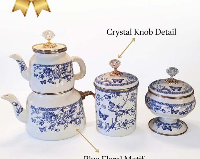 Blue Toile Tea Set | Turkish Enamel-On-Steel Teapot with Canisters | Floral Blue and White Chinoiserie Vintage Style Kitchen Decor
