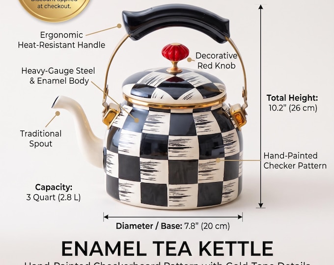 Enamel Teapot Black and White Check Pattern, Retro Kitchen Decor, 2.2L Induction Compatible, Gold Trim, Tea Lover Gift, Large Decorative Pot