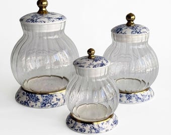 Blue White Floral Glass Canisters | Chinoiserie Kitchen Storage Jar with Gold Knob