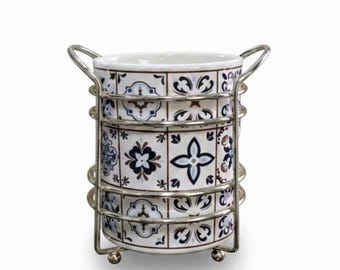 Blue White Ceramic Utensil Holder with Metal Stand, Mediterranean Kitchen Decor, Food Contact Crock, Modern Rustic Countertop Organizer