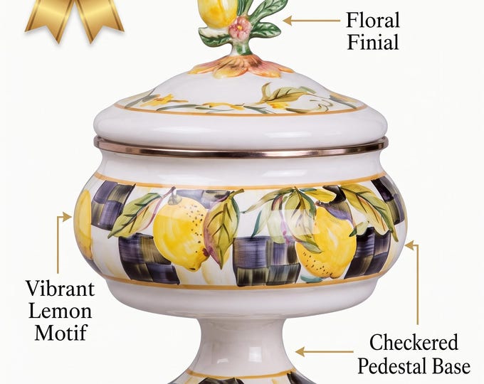 Covered Sugar Bowl with Lemon Finial Lid, Checkered Enamelware, Vintage Citrus Decor, Retro Kitchen Gift, 13 x 8 cm