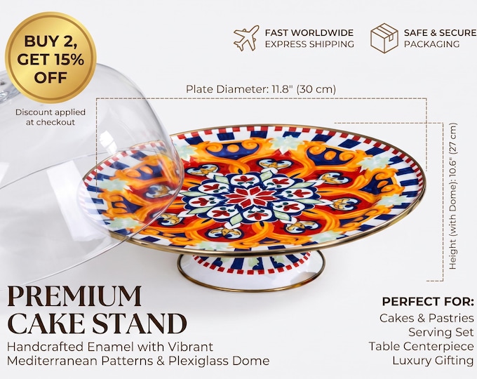 Colorful Majolica Covered Cake Stand with Plexiglass Dome, 30cm Enamel-On-Steel Pedestal, Vibrant Turkish Tile Dessert Display Plate