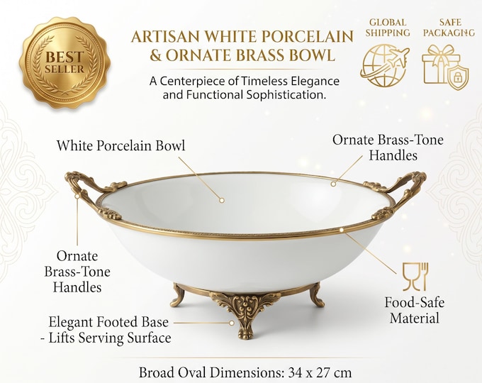 Oval Porcelain Bowl with Ornate Brass Handles, Footed Centerpiece for Salad, Vintage Decor, Luxury Table Display, White European Style