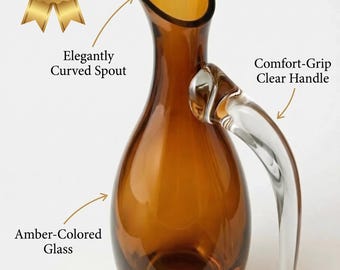 Amber Glass Pitcher 1400 ml Tall Decanter with Clear Handle, Retro Drink Jug, Bar Cart Decor, Midcentury Glassware, Recyclable Kitchen Decor