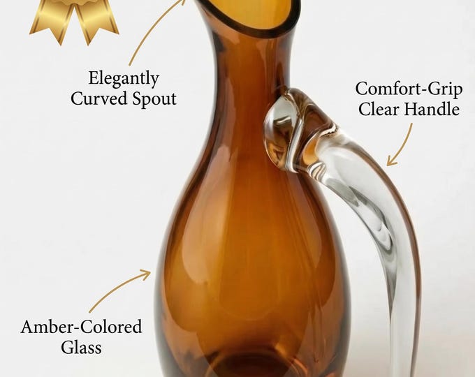 Amber Glass Pitcher 1400 ml Tall Decanter with Clear Handle, Retro Drink Jug, Bar Cart Decor, Midcentury Glassware, Recyclable Kitchen Decor