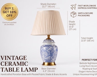 Blue and White Chinoiserie Ceramic Lamp, Floral Bird Motif, Pleated Shade (40cm Wide)