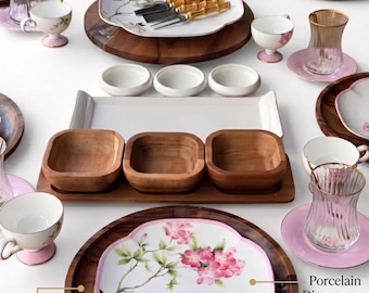 Floral Porcelain Breakfast Set with Acacia Wood | Pink Blossom Tableware (58 Pieces)
