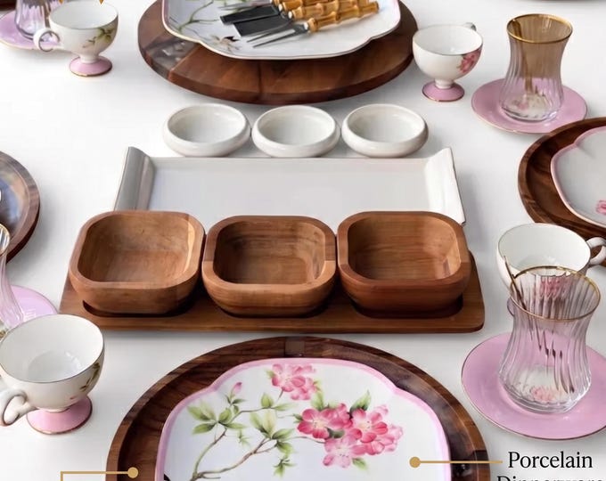Floral Porcelain Breakfast Set with Acacia Wood | Pink Blossom Tableware (58 Pieces)