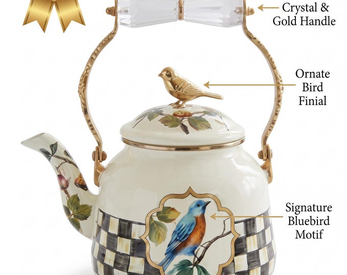 Enamel Teapot with Bluebird Motif, Checkered Band, 2.6L Steel Kettle