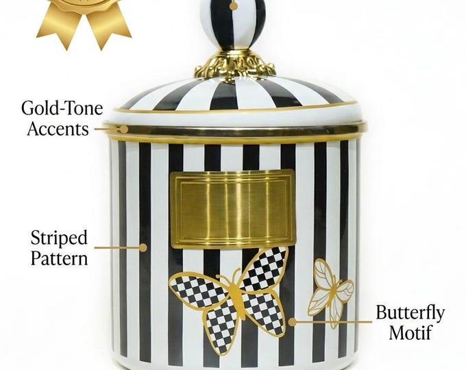 Enamel Canister with Black White Stripes and Gold Label | Kitchen Decor, Counter Storage, Tea Coffee Sugar Jar, Vintage Enamel Gift