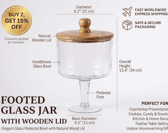 Glass Footed Bowl with Acacia Wood Lid, Covered Serving Stand, Dessert, Snack, Cookie Display, Kitchen Centerpiece, Decorative Glass Jar