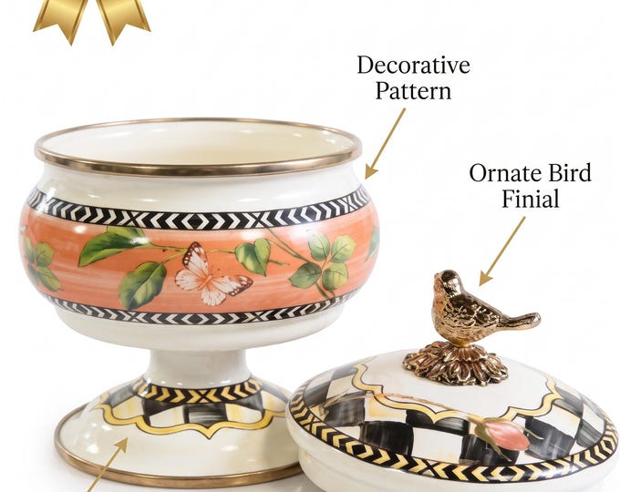 Enamel Sugar Bowl with Gold Bird Finial, Coral Checkered Pattern, Footed Lidded Candy Dish, Whimsical Tabletop Decor, 13 cm