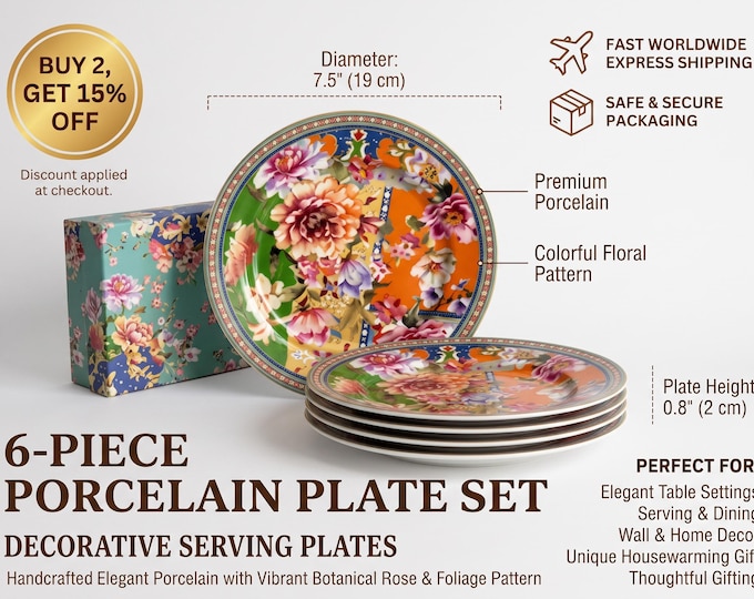 Bohemian Floral Porcelain Dessert Plates Set of Six | Colorful Ethnic Motif Dinnerware | Gift Boxed Decorative Dishware for Weddings