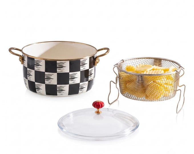 Enamel Frying Pot 22 cm Black and White Checkered Cookware with Wire Basket, Glass Lid, Stovetop Frying, Kitchen Decor & Gift for Cooks