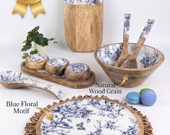 Blue Floral Mango Wood Kitchenware Set | 10-Piece Serving Collection with Cutting Board, Bowls, Trays