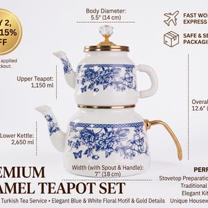 May include: A two-piece enamel teapot set featuring a white base with a blue floral pattern and gold-tone accents. The upper teapot has a 1,150 ml capacity, while the lower kettle holds 2,650 ml. The set stands 32 cm tall with a 14 cm body diameter.
