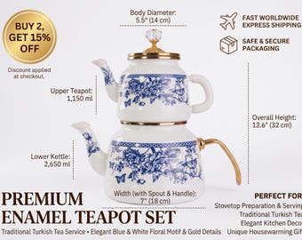 Blue Floral Turkish Enameled Steel Stacked Teapot with Crystal Lid Knob, Traditional Tea Heating Vessel, Blue and White Decor, 1.4L