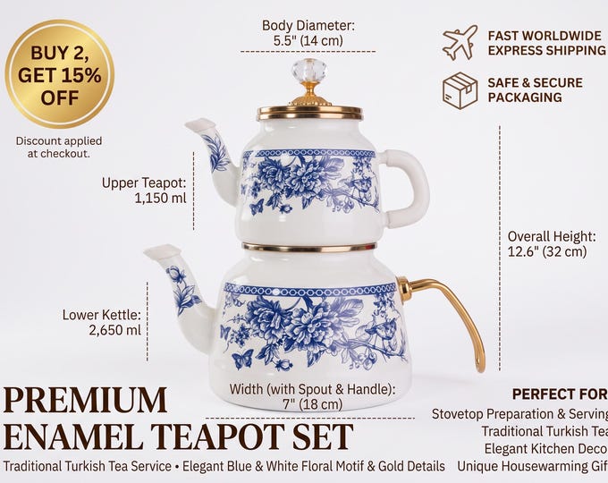 Blue Floral Turkish Enameled Steel Stacked Teapot with Crystal Lid Knob, Traditional Tea Heating Vessel, Blue and White Decor, 1.4L