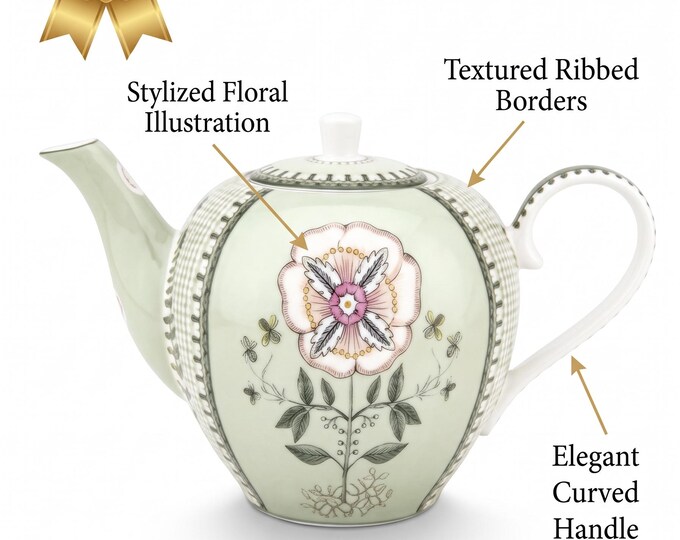 Botanical Teapot, Light Green Porcelain 1600ml Floral Motif, Gold Accents, Vintage Style, Garden Party Decor, Floral Tea Pot, Kitchenware