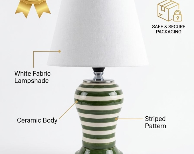 Ceramic Table Lamp, Green and White Stripes, White Fabric Shade, Mid-Century Decor (48x30cm)