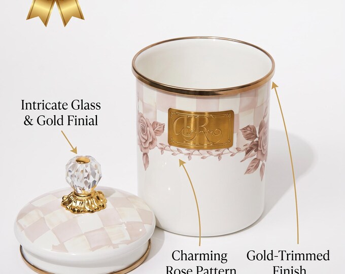 Enamel Storage Jar 15cm with Floral Rose Design, Crystal Knob Lid, White & Gold Decor, Country Kitchen Countertop Organizer